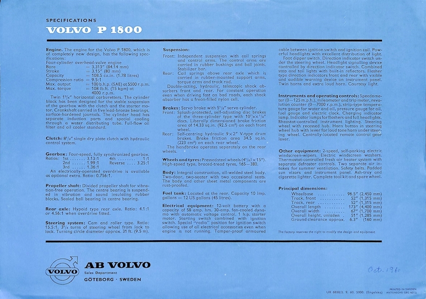 1960 Volvo P1800 Sales Sheet Image 2
