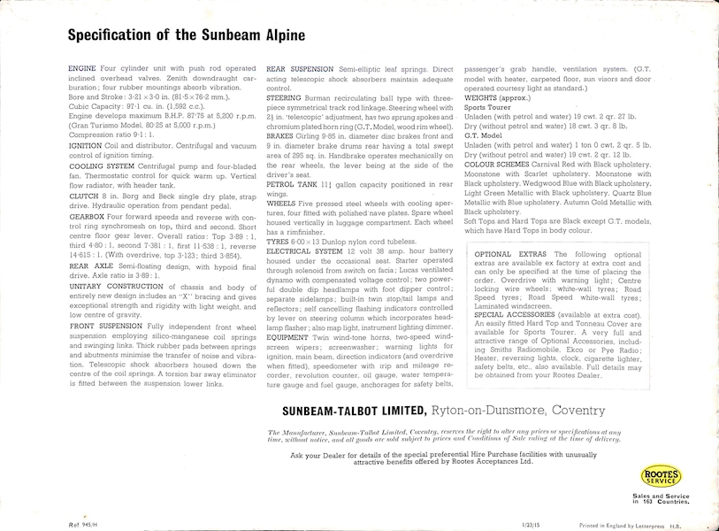 Sunbeam Alpine Series III Car Sales Brochure 945 H 1963 Image 12
