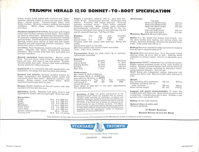 Triumph Herald 12/50 Car Sales Brochure #356/963/50 1964 Image 8